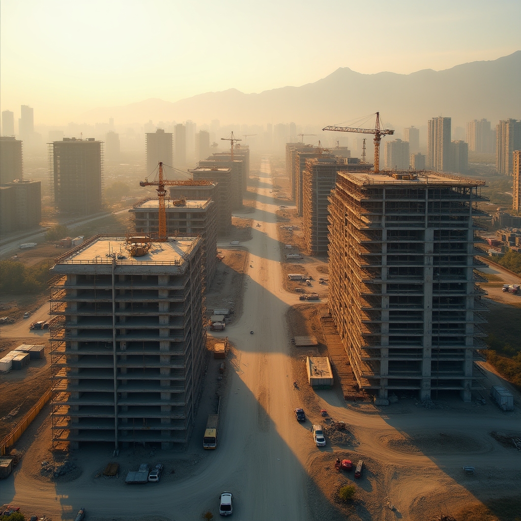 Строительный объект в Алматы с арендованными лесами