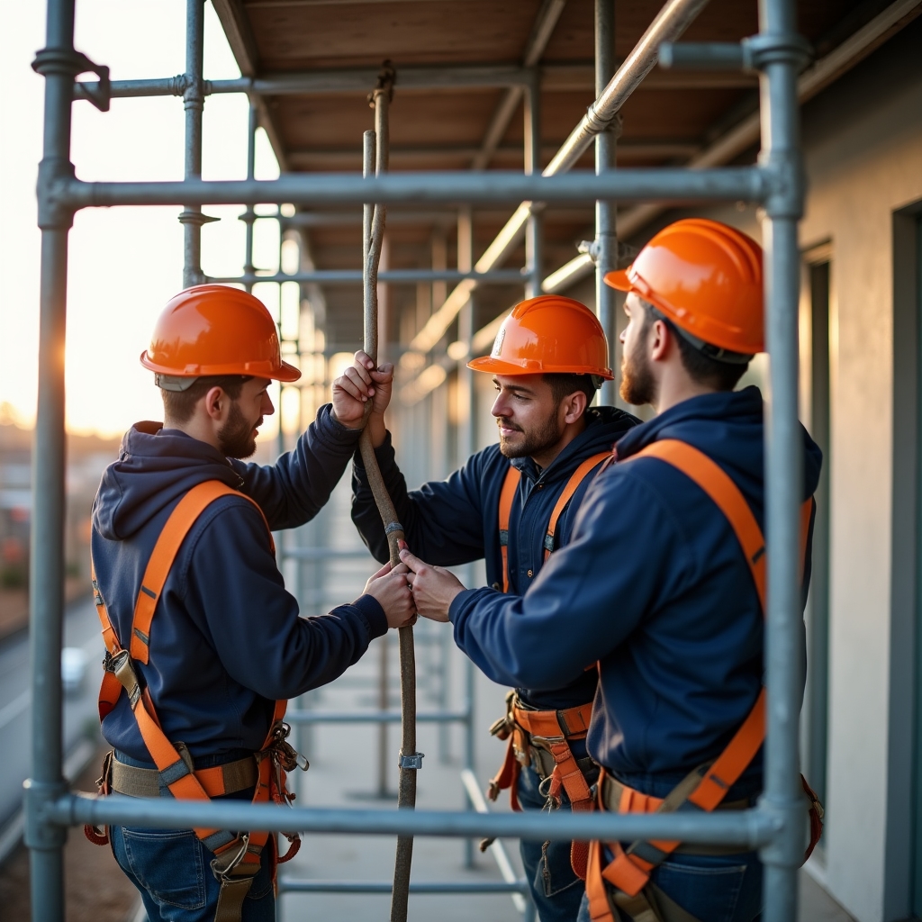 Бригада выполняет монтаж строительных лесов на объекте